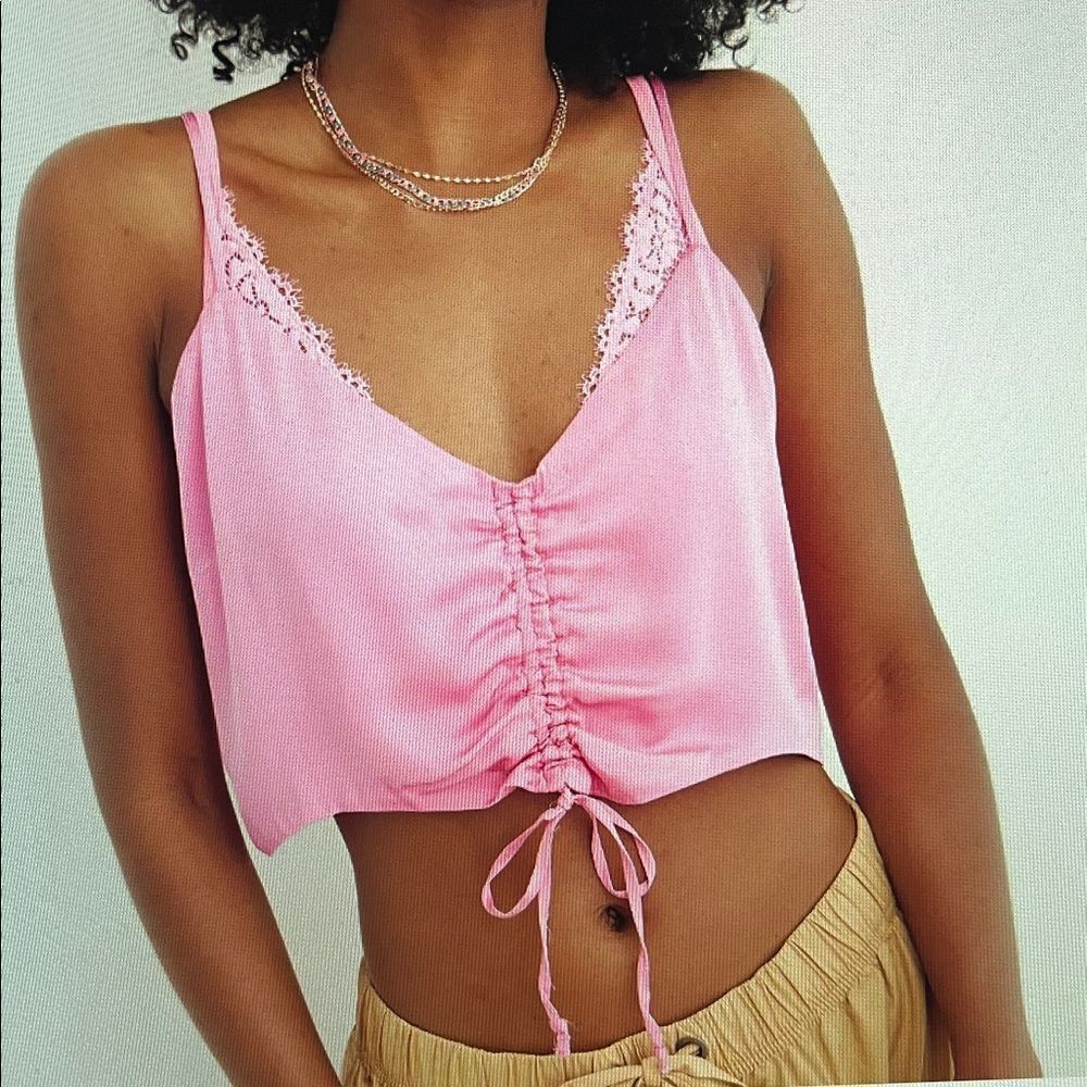 New! Aerie Satin Cinched Cropped Tank Top in Starlet Pink Size Large‎ NWT